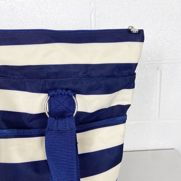 Initials Inc Beach Bag‎ Tote Navy Blue Ivory White Stripe Mesh Bottom Pockets A - Picture 9 of 15